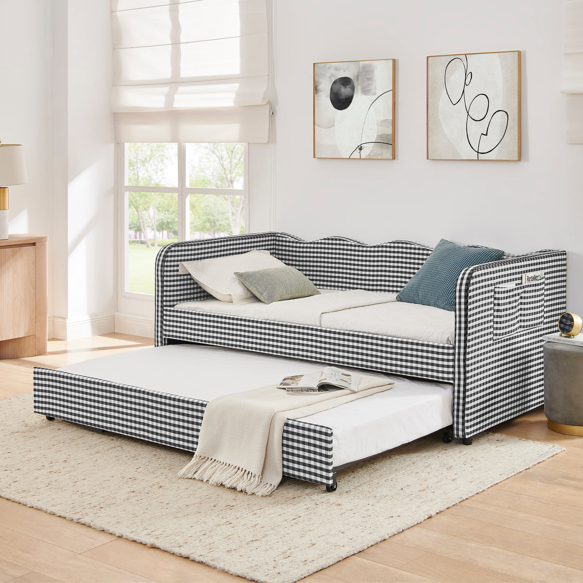Twin‑Size Daybed, Gingham Upholstered 3‑in‑1 Versatile Convertible Sofa Bed with Pull‑Out Trundle & Side Storage Pockets, Ideal for Multiple Room Layouts and Small‑Space Living-Black
