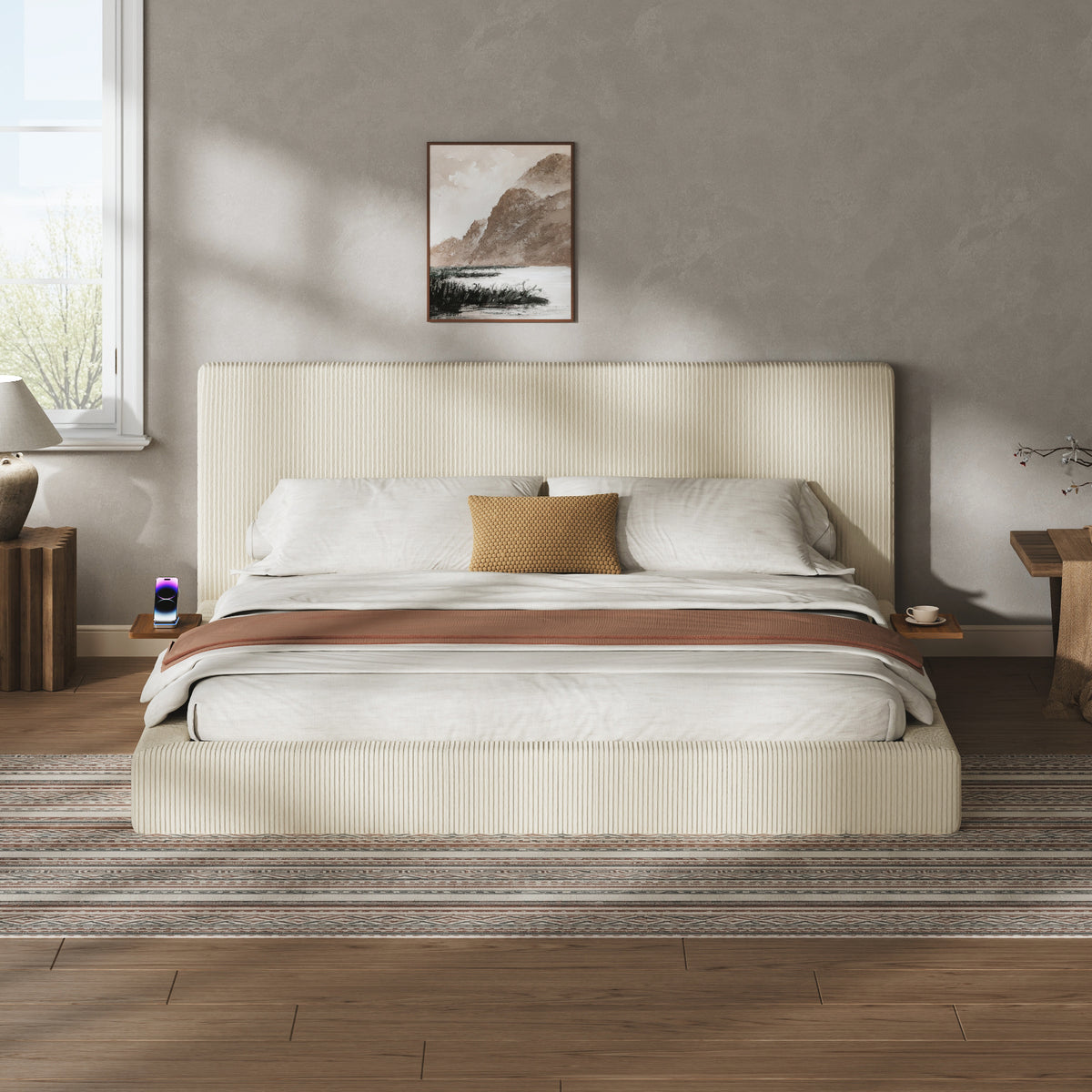 AirFrame King Bed Frame with Adjustable Sliding Side Table, 8.7'' Cloud Upholstered Corduroy Sponge Cushion, Easy Assembly (Cream White)