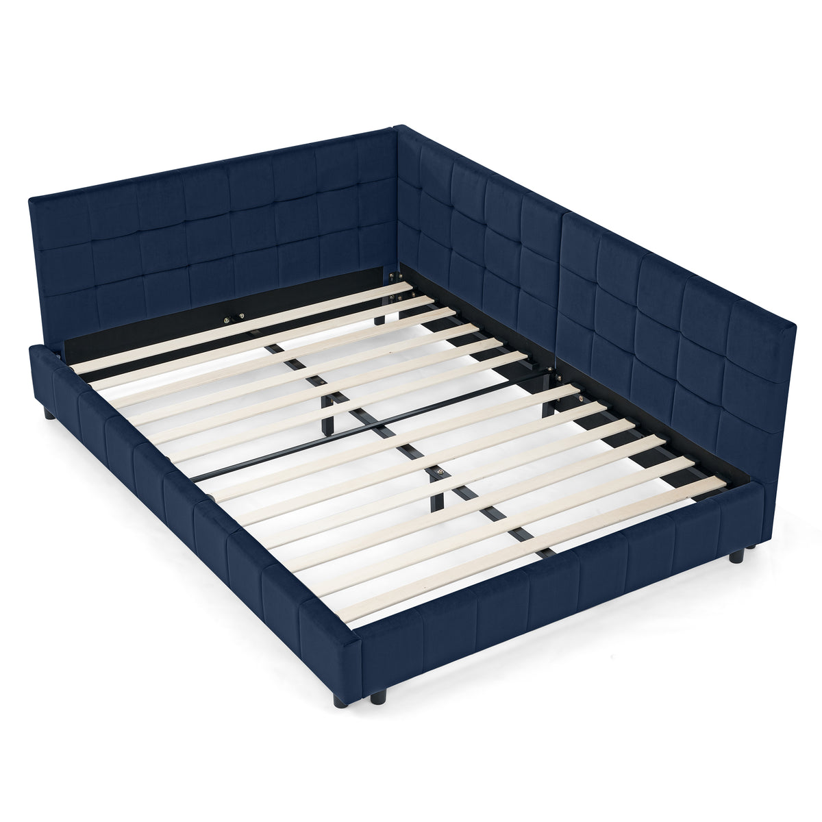 Mid-Century Velvet Full Size Upholstered Tufted Bed Frame with Comfortable Backrest and Armrests in Dark Blue