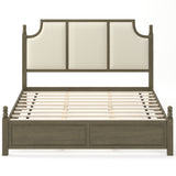 King Size Farmhouse Solid Wood Platform Bed Frame with Beige Linen Upholstered Headboard, Antique Bronze Finish, 50.8' Tall, Wooden Slats, No Box Spring Needed