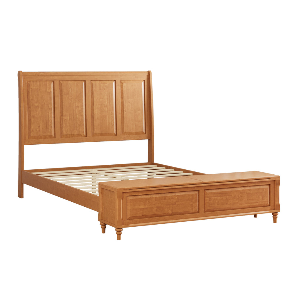 Natural Solid Wood Sleigh Bed Frame with Tall Headboard and 64' Storage Bench, King Size, No Box Spring Needed