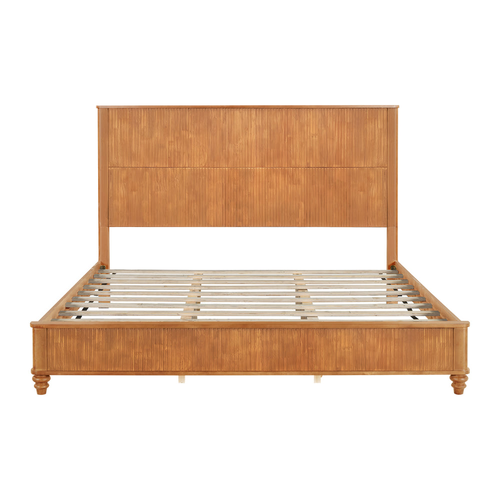 Natural Solid Wood King Platform Bed Frame with Tall Headboard, No Box Spring Needed, Crafted from Rubber Wood and Plywood