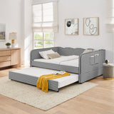 Full‑Size Daybed, Gingham Upholstered 3‑in‑1 Versatile Convertible Sofa Bed with Pull‑Out Trundle & Side Storage Pockets, Ideal for Multiple Room Layouts and Small‑Space Living-Black