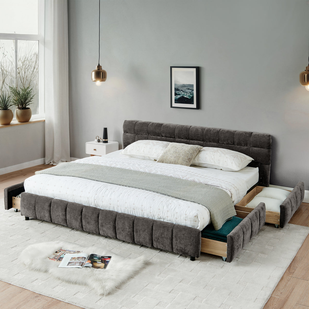 California King size Upholstered Bed ,comfortable upholstered bed frame, Chenille fabric, with headboard and solid bed frame. With drawer for storage.-Dark Gray(90.5''*80.5''*31'')