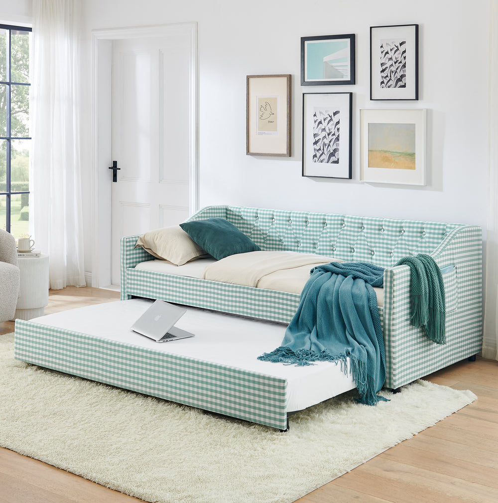 Twin‑Size Daybed,Upholstered Convertible Daybed with Tufted Button Backrest, 3‑in‑1 Versatile Sofa Bed with Pull‑Out Trundle & Side Storage, Perfect for Compact Living-CYAN