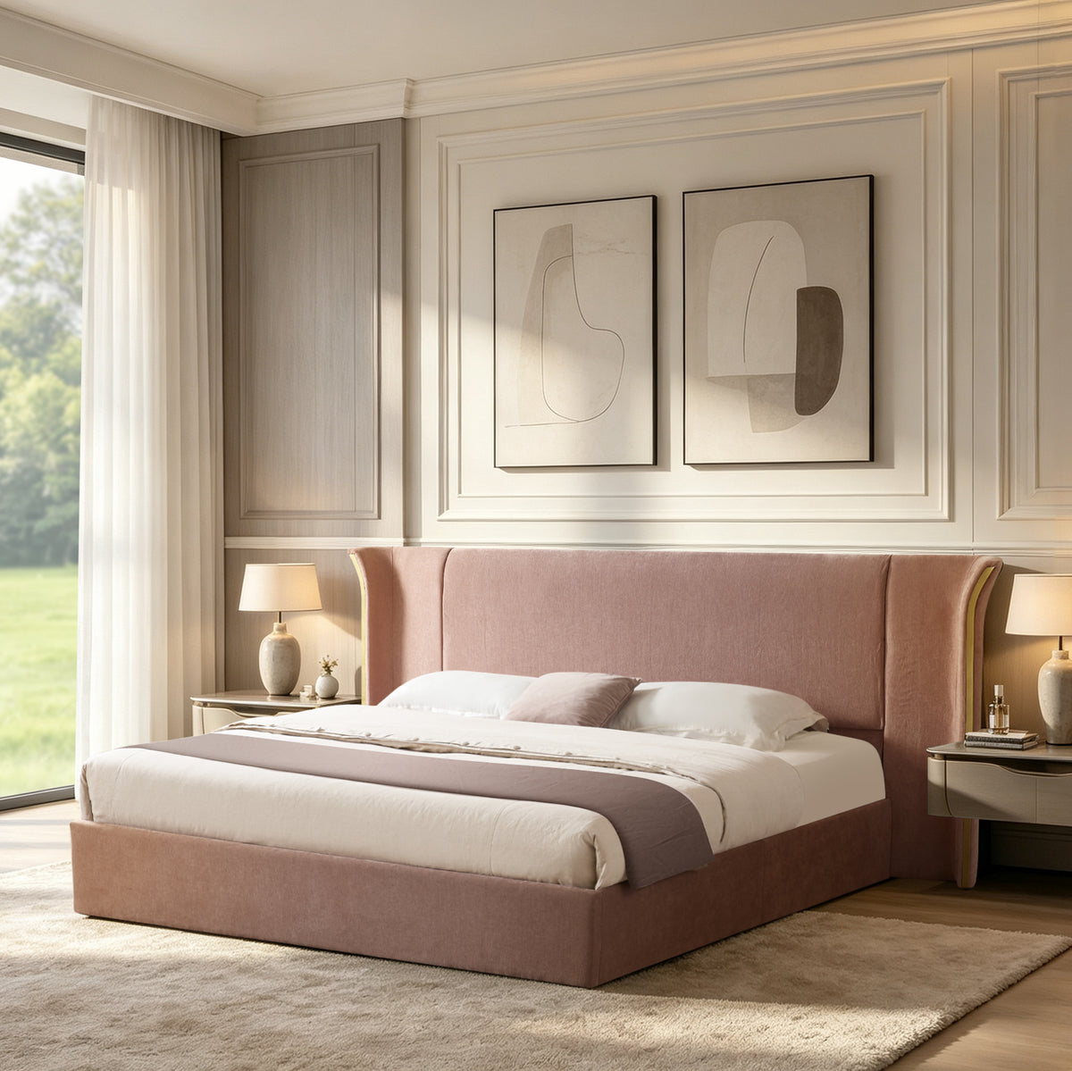 King Size Luxury Wing‑Back Upholstered Bed Frame, High Large Padded Headboard, Soft Chenille Fabric, Sturdy Solid Frame for Bedroom, Mattress Not Included-Pink