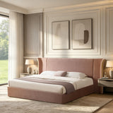 King Size Luxury Wing‑Back Upholstered Bed Frame, High Large Padded Headboard, Soft Chenille Fabric, Sturdy Solid Frame for Bedroom, Mattress Not Included-Pink
