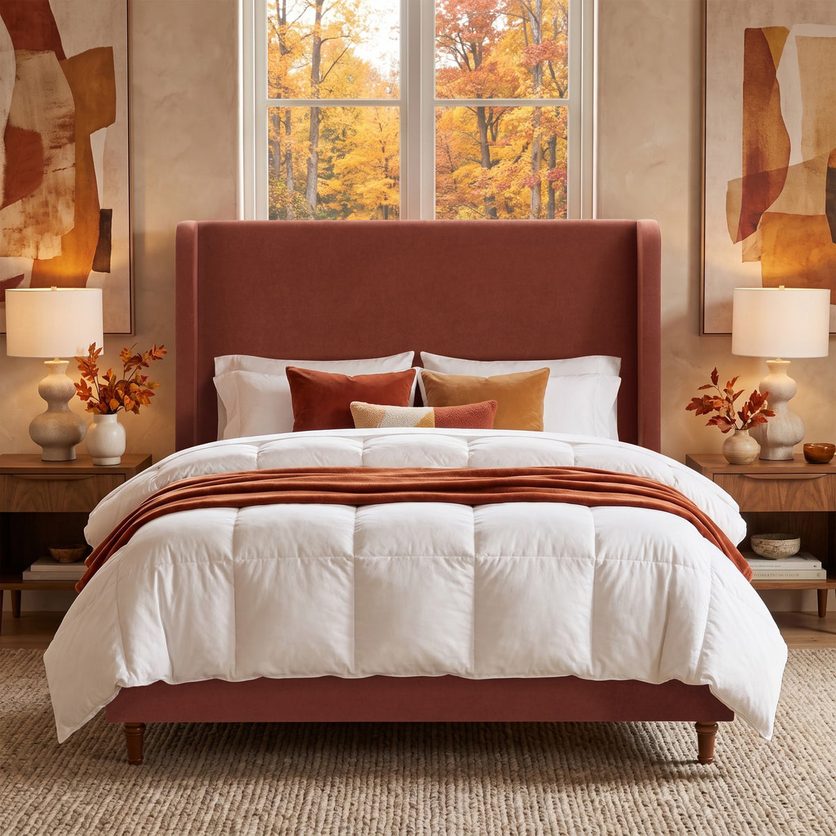 Harper Tall Headboard Upholstered Bed / 54' High Headboard / Elegant Simplicity / No Box Spring Needed / Easy Assembly / Queen /Rust Velvet