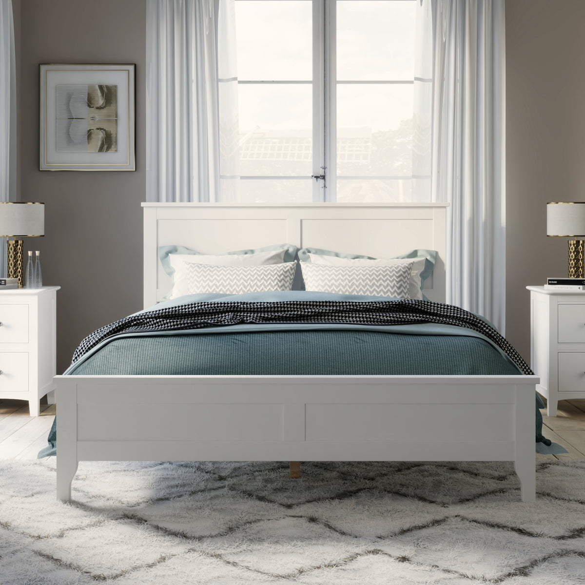 Modern Solid Wood King Size Platform Bed with Sturdy Wooden Slats Support,No Box Spring Needed, White(Old SKU:N701P300990K)