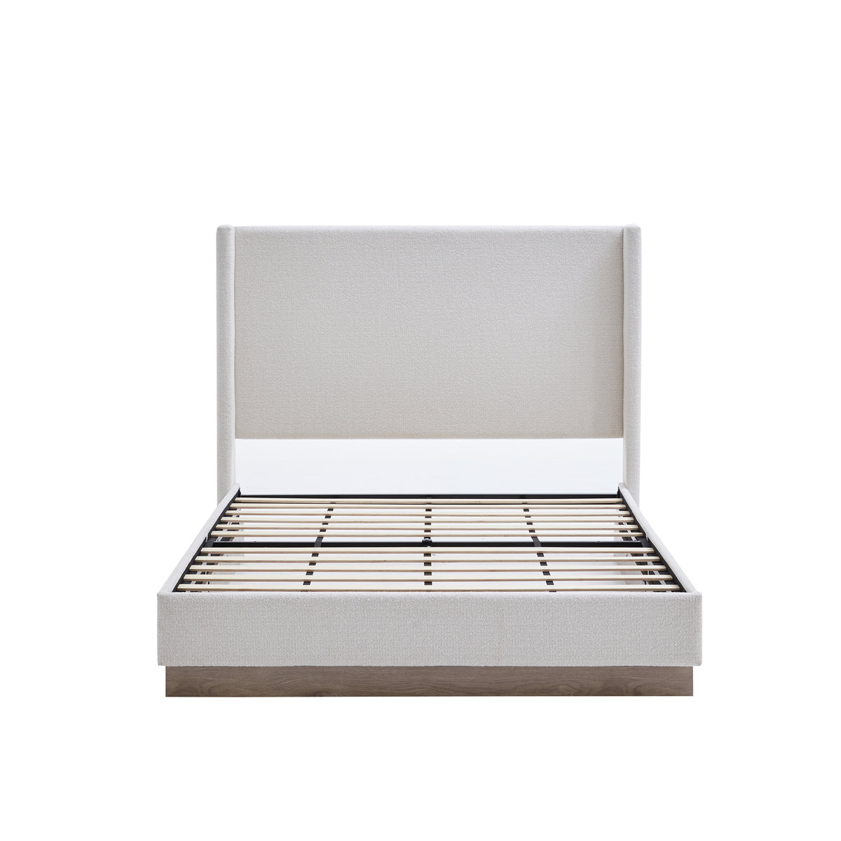 Hosford Minimalist Upholstered Wingback Bed with Wood Base Platform - Cream White Boucle Fabric, Light Grey Camel Oak Frame, 52.5' High Headboard, California King