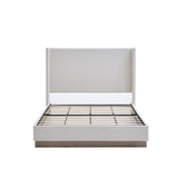 Hosford Minimalist Upholstered Wingback Bed with Wood Base Platform - Cream White Boucle Fabric, Light Grey Camel Oak Frame, 52.5' High Headboard, California King