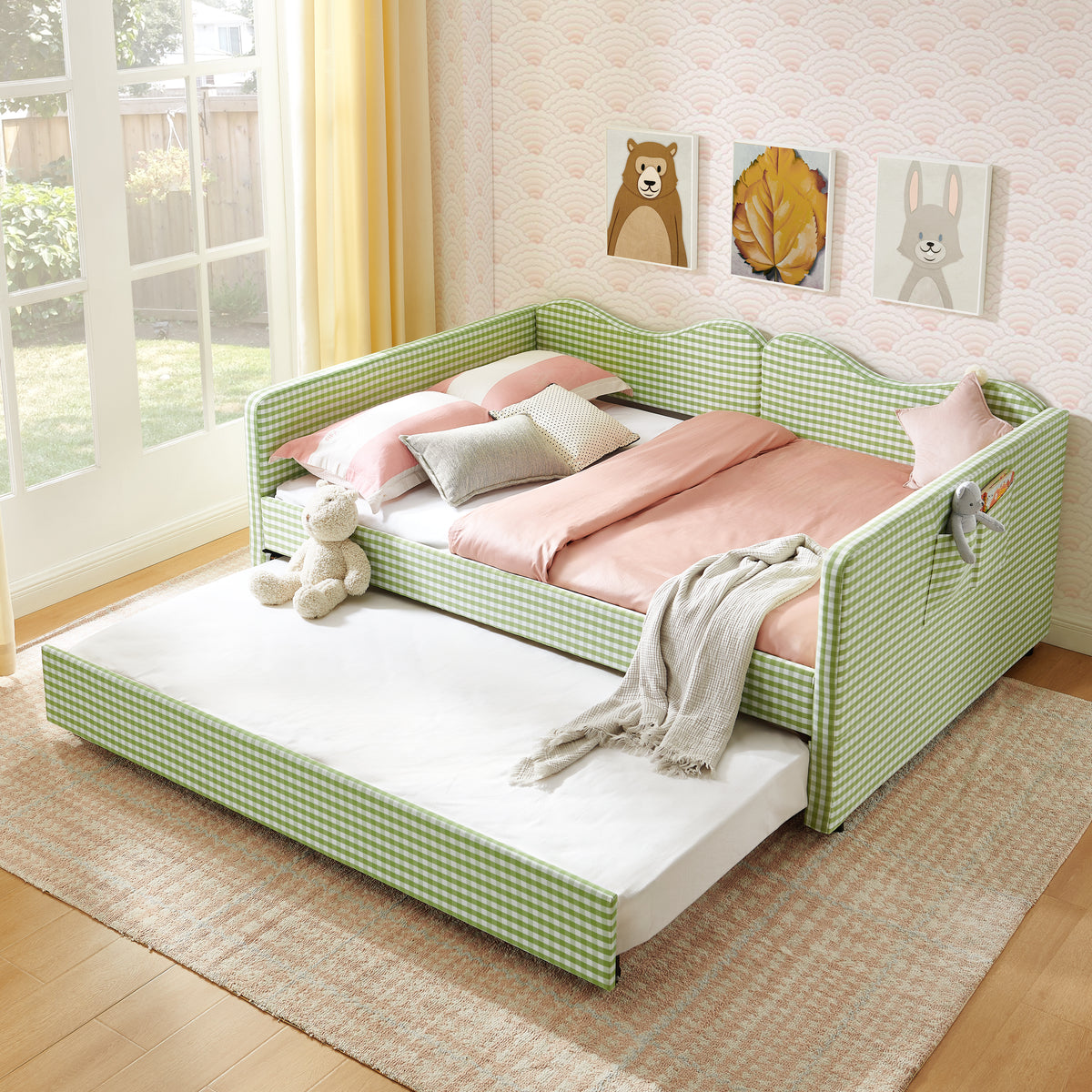 Full‑Size Daybed,Gingham Upholstered Daybed Equipped with Pull-Out Trundle Bed Frame & Side Storage Pocket, Solid Wood Frame Multi-Functional Sofa Bed for Kids Room & Guest Bedroom-Green