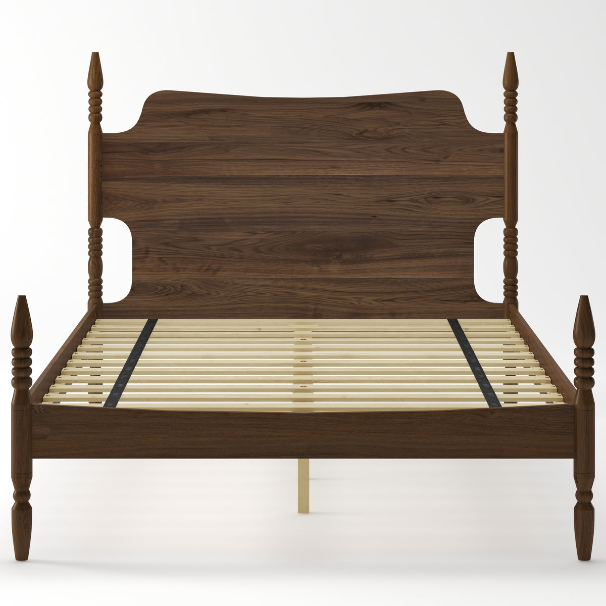 Retro Four Poster Queen Size Platform Bed Frame with Curved Tall Headboard, Spindle Bed, No Box Spring Needed, Walnut