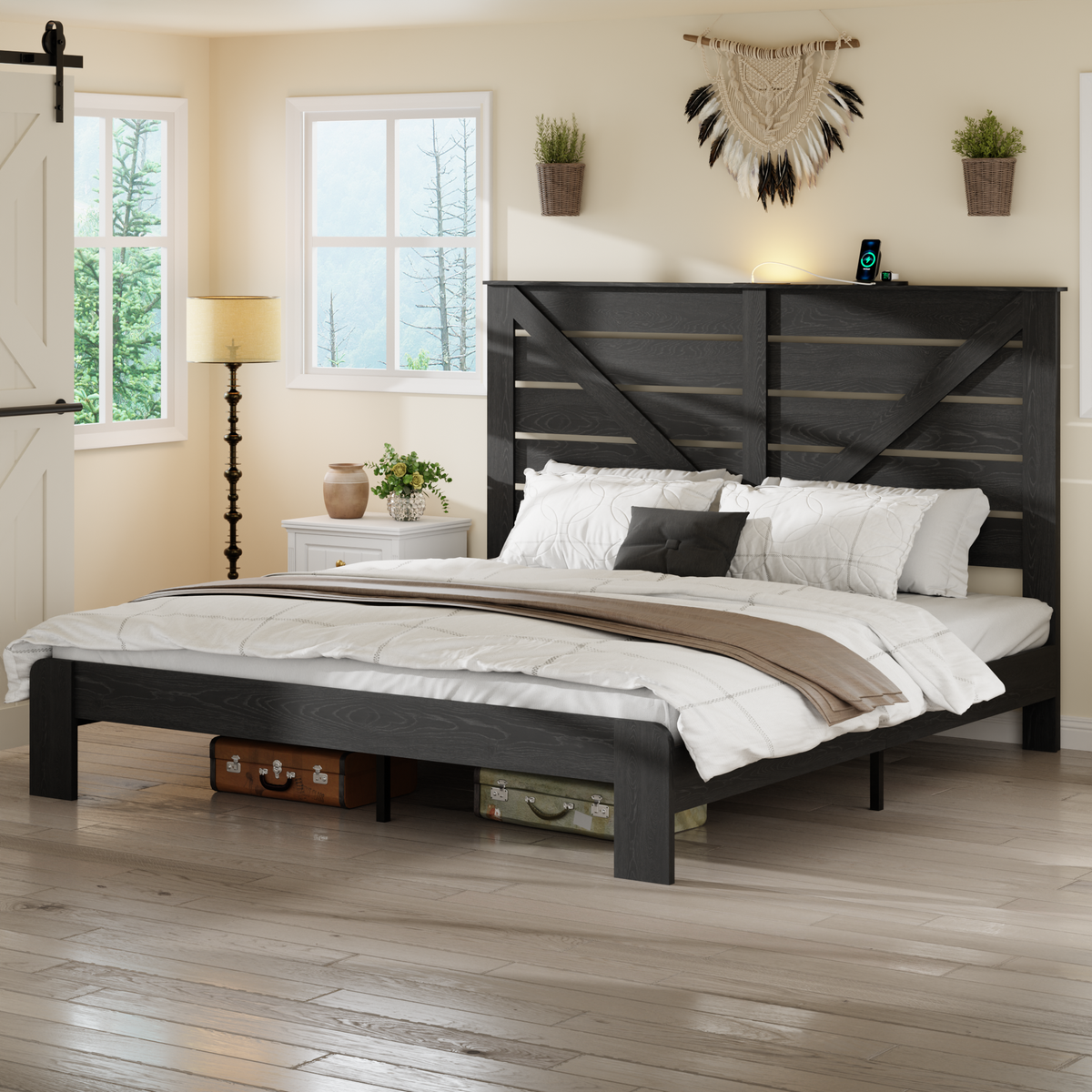 King Bed Frame Headboard , Wood Platform Bed Frame , Noise Free,No Box Spring Needed and Easy Assembly Tool,Large Under Bed Storage, Black