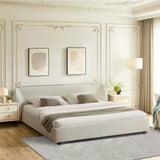King Size Boucle Fabric Upholstered Bed Frame, Luxury Curved Wing‑Back Large Headboard, Sturdy Solid Frame Platform Bed for Bedroom, Mattress Not Included-Beige