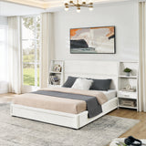 Queen Size Modern Storage Platform Bed Frame, Glossy Velvet Headboard with Side Bookcases & Drawer, Mattress Excluded-Beige