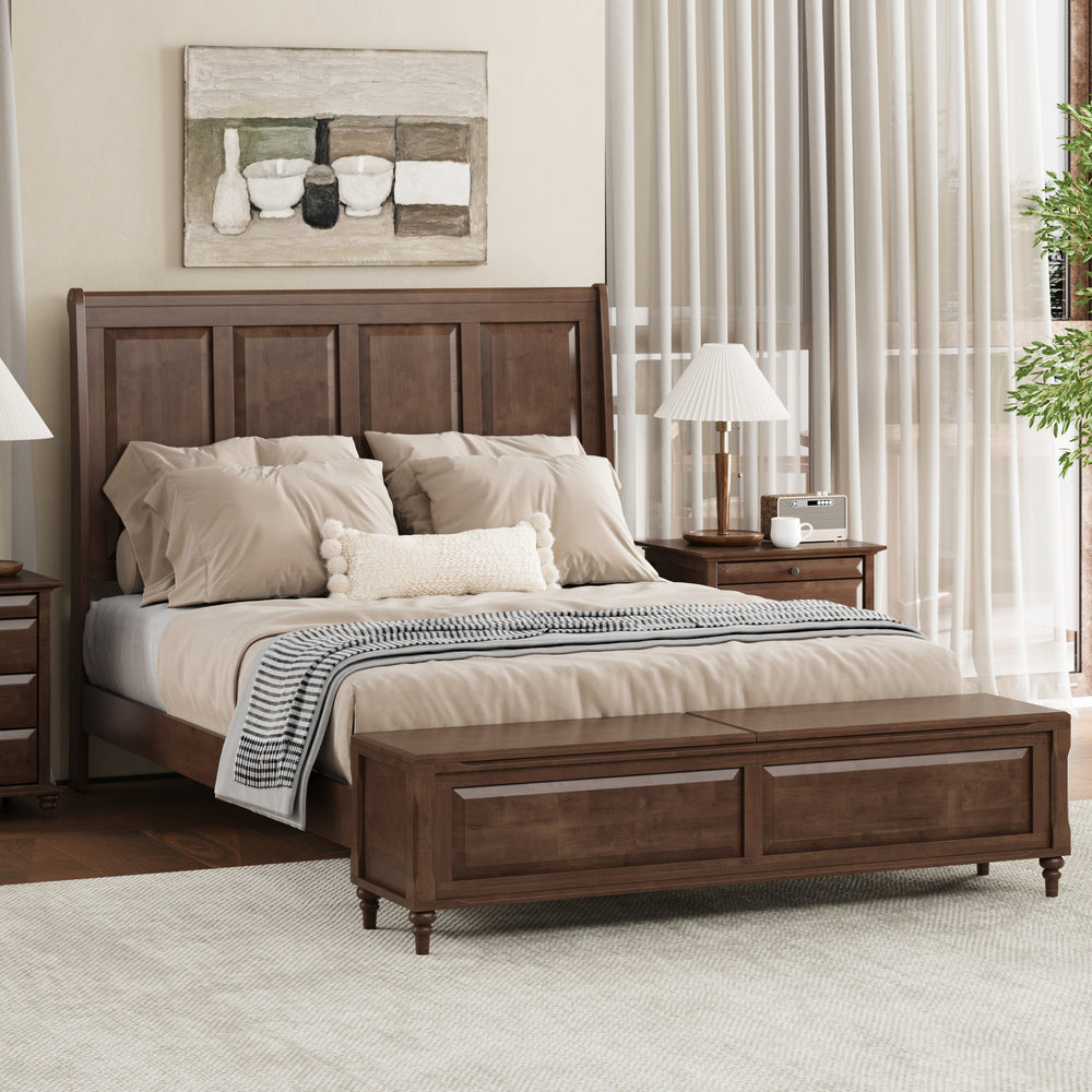 Queen Bed Frame with Tall Headboard and Storage Bench,Soild Wood Sleigh Bed with 64' Storage Chest,No Box Spring Needed, Wanlut