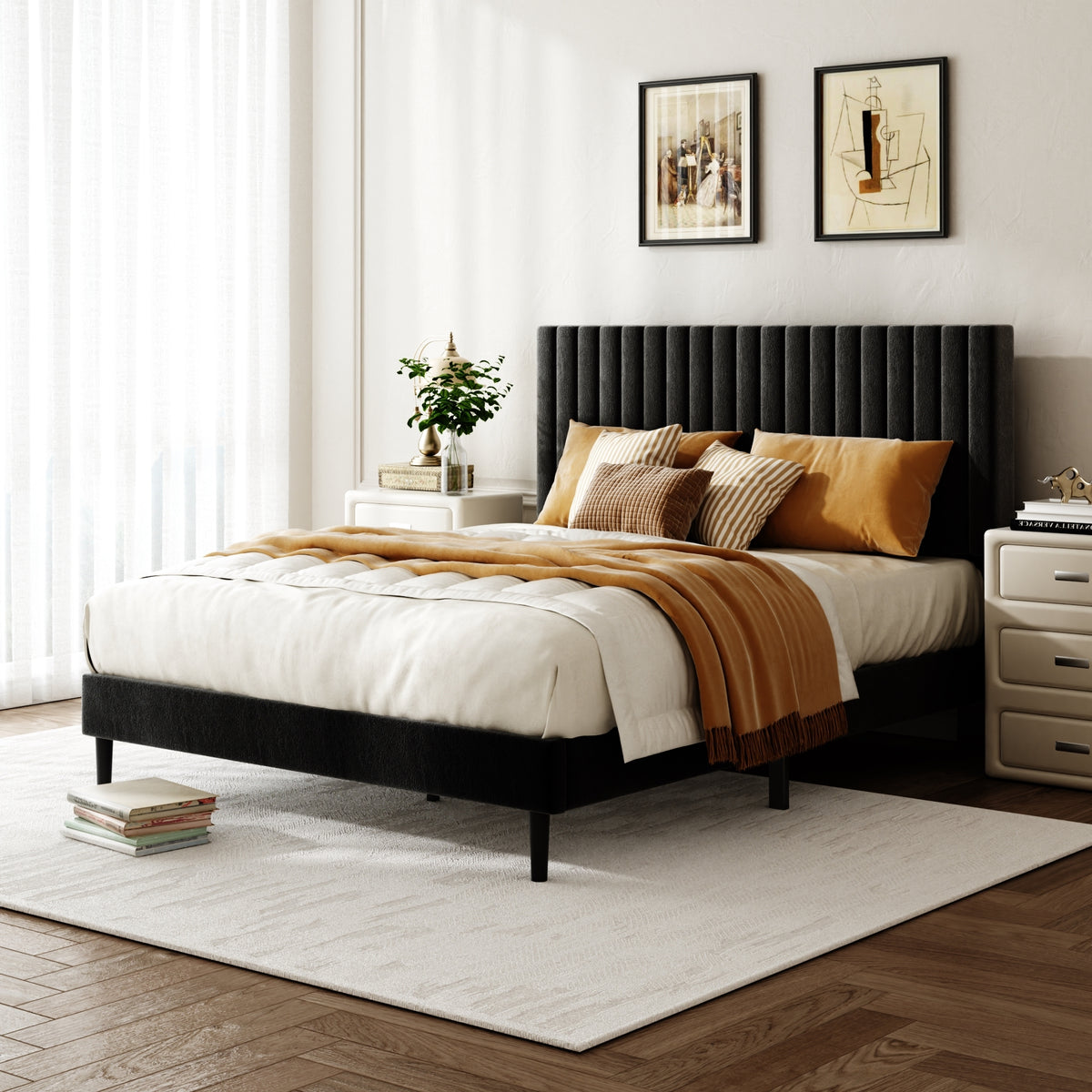 Queen Size Bed frame, Velvet Upholstered Platform Bed with Height-Adjustable Headboard, Sturdy Frame and Alats, Quiet Design, No-Spring Mattress Compatible, Easy to Assemble, Black