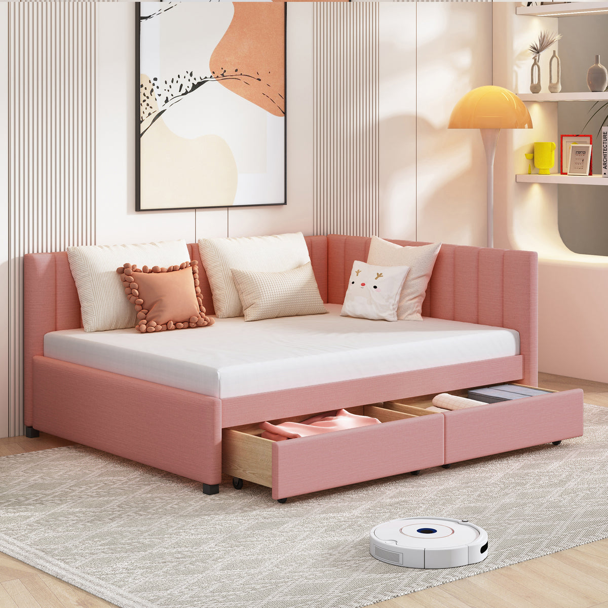 Full Size Upholstered Daybed with 2 Storage Drawers Sofa Bed Frame No Box Spring Needed, Linen Fabric (Pink)(OLD SKU:LP000172AAH

)