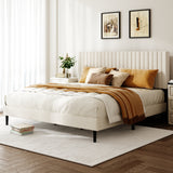 King Size Bed frame, Velvet Upholstered Platform Bed with Height-Adjustable Headboard, Sturdy Frame and Alats, Quiet Design, No-Spring Mattress Compatible, Easy to Assemble, Beige