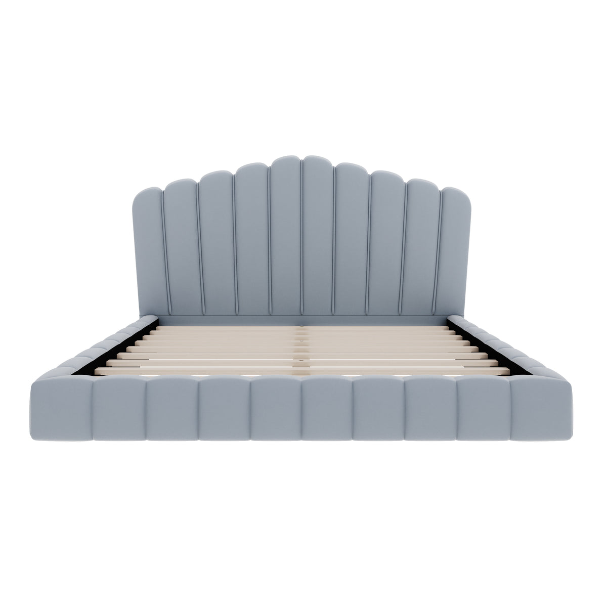 Velvet Upholstered Queen Bed Frame with Shell-Shaped Headboard, Light Blue, Solid MDF & Particle Board
