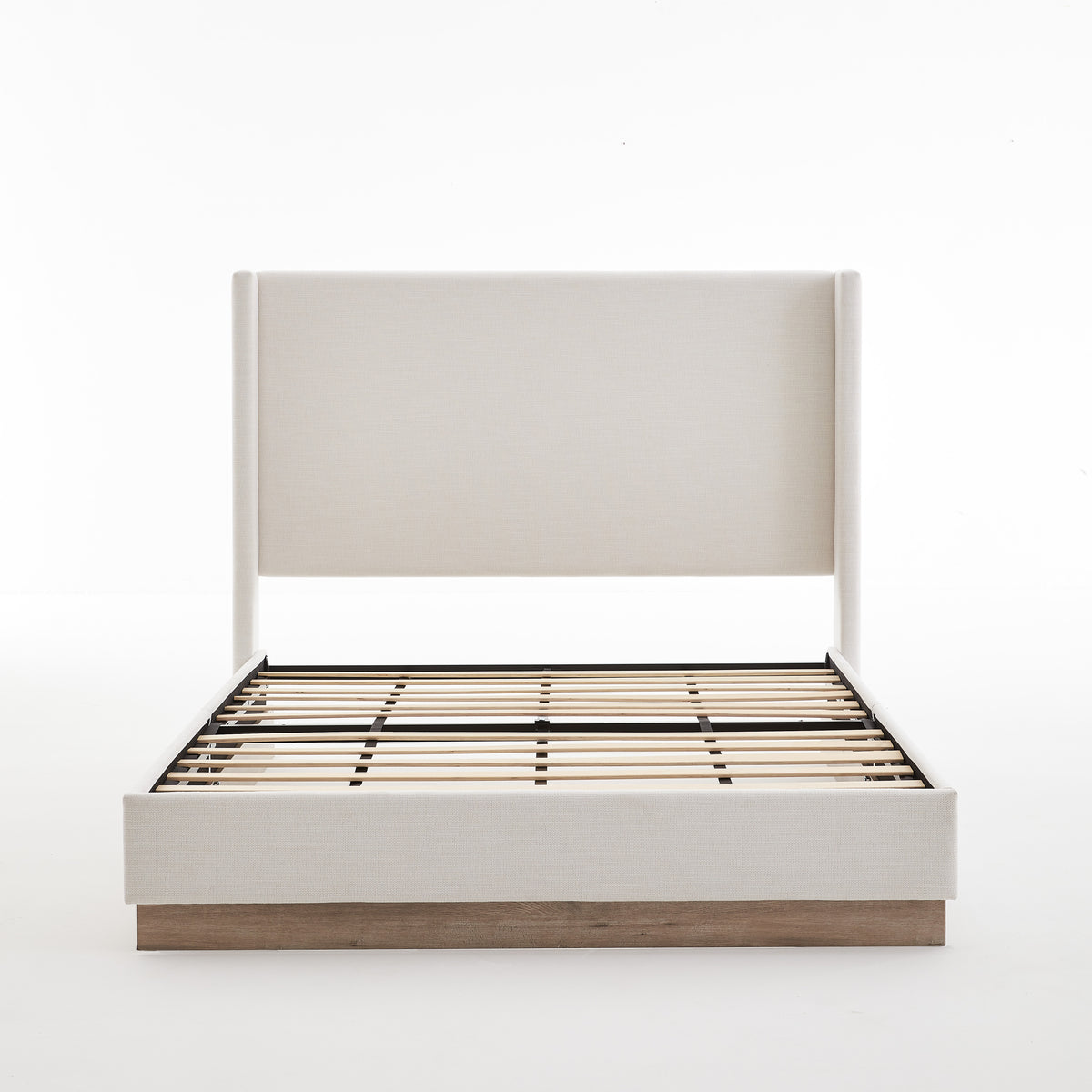 Hosford Minimalist Upholstered Wingback Bed with Wood Base Platform - Textured Ivory Canvas, Light Grey Camel Oak, 52.5' High Headboard, Full Size