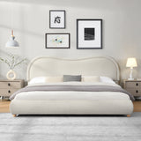 King Size Upholstered Platform Bed Frame with Rounded Corners curved headboard, Wooden Slats, Oak Solid Wood Legs, chenille fabric, No Box Spring Needed, Easy Assembly, Beige