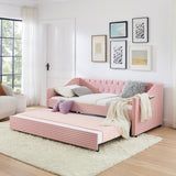 Twin‑Size Daybed,Upholstered Convertible Daybed with Tufted Button Backrest, 3‑in‑1 Versatile Sofa Bed with Pull‑Out Trundle & Side Storage, Perfect for Compact Living-Pink