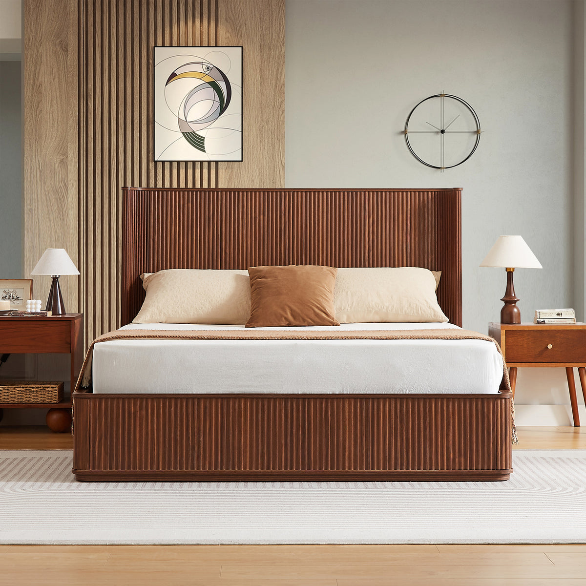 Walnut ripple panel curved headboard platform bed frame, 44-inch tall headboard,king size bed frame, modern minimalist style, easy to assemble, no box spring required.