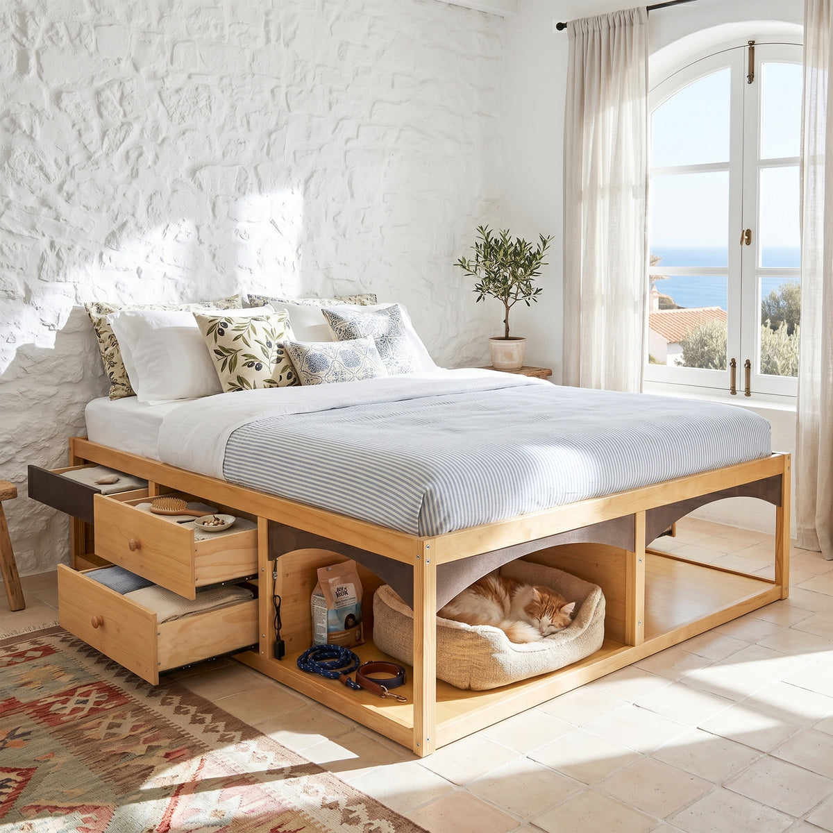 King Bed Frame with Storage Drawers, No Headboard Platform Bed with Light, Pet-Friendly Design, No Box Spring Needed, Modern Minimalist Style-Natural