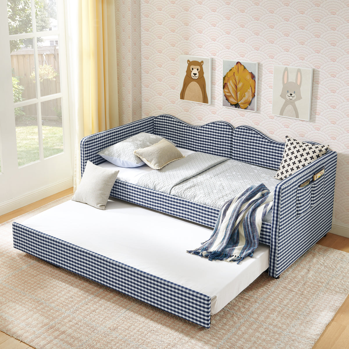 Twin‑Size Daybed,Gingham Upholstered Daybed Equipped with Pull-Out Trundle Bed Frame & Side Storage Pocket, Solid Wood Frame Multi-Functional Sofa Bed for Kids Room & Guest Bedroom-Blue