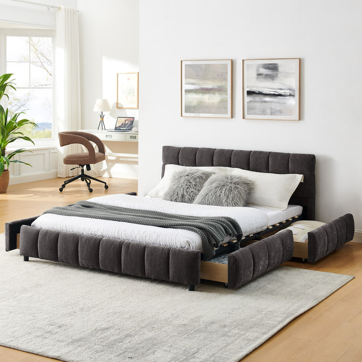 Queen Size Upholstered Bed ,comfortable upholstered bed frame, Chenille fabric, with headboard and solid bed frame. With drawer for storage.-Dark Gray(88.5''*68.5''*31'')