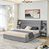 Queen Size Modern Storage Platform Bed Frame, Glossy Velvet Headboard with Side Bookcases & Drawer, Mattress Excluded-Gray