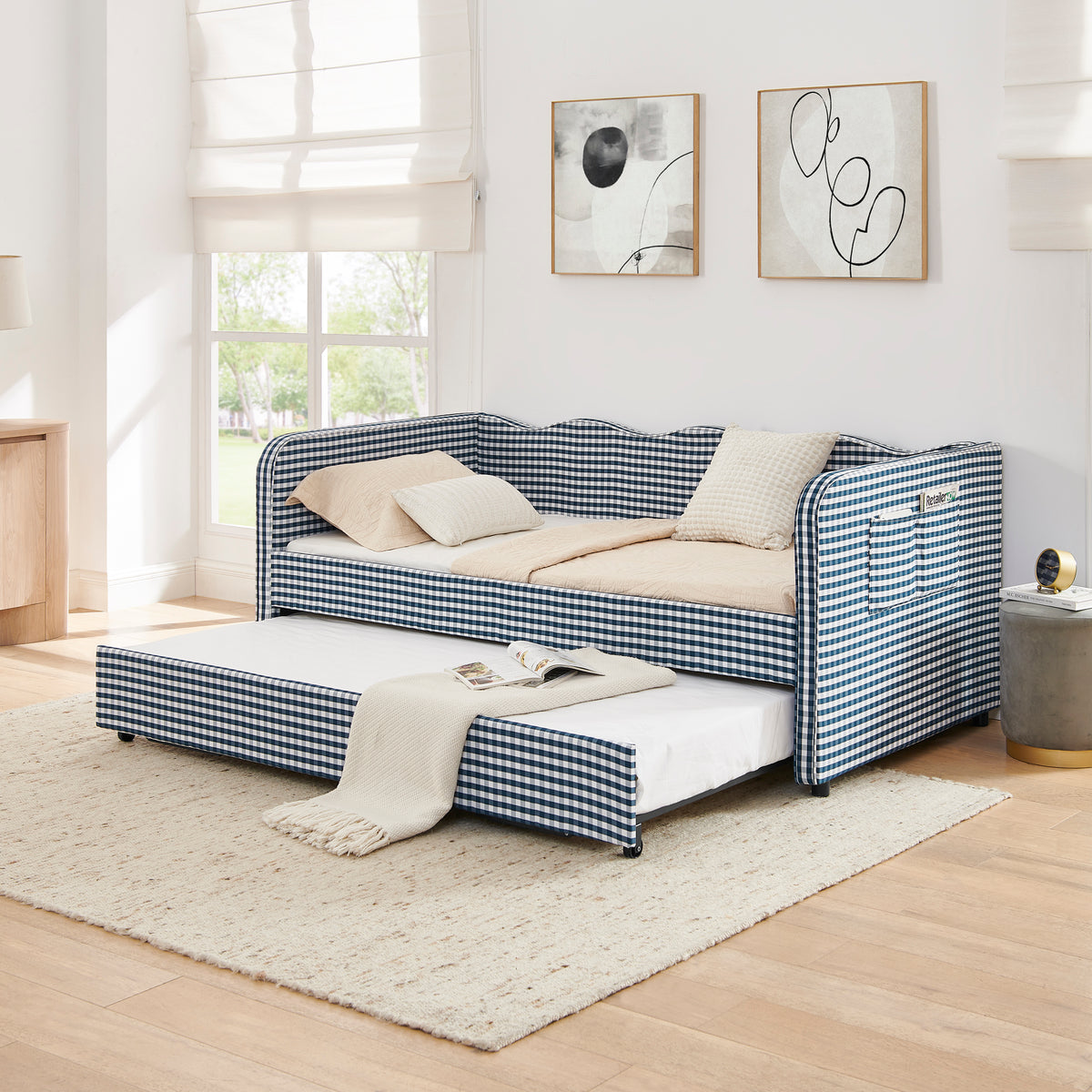 Twin‑Size Daybed, Gingham Upholstered 3‑in‑1 Versatile Convertible Sofa Bed with Pull‑Out Trundle & Side Storage Pockets, Ideal for Multiple Room Layouts and Small‑Space Living-Dark Blue