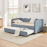 Twin‑Size Daybed, Gingham Upholstered 3‑in‑1 Versatile Convertible Sofa Bed with Pull‑Out Trundle & Side Storage Pockets, Ideal for Multiple Room Layouts and Small‑Space Living-Dark Blue