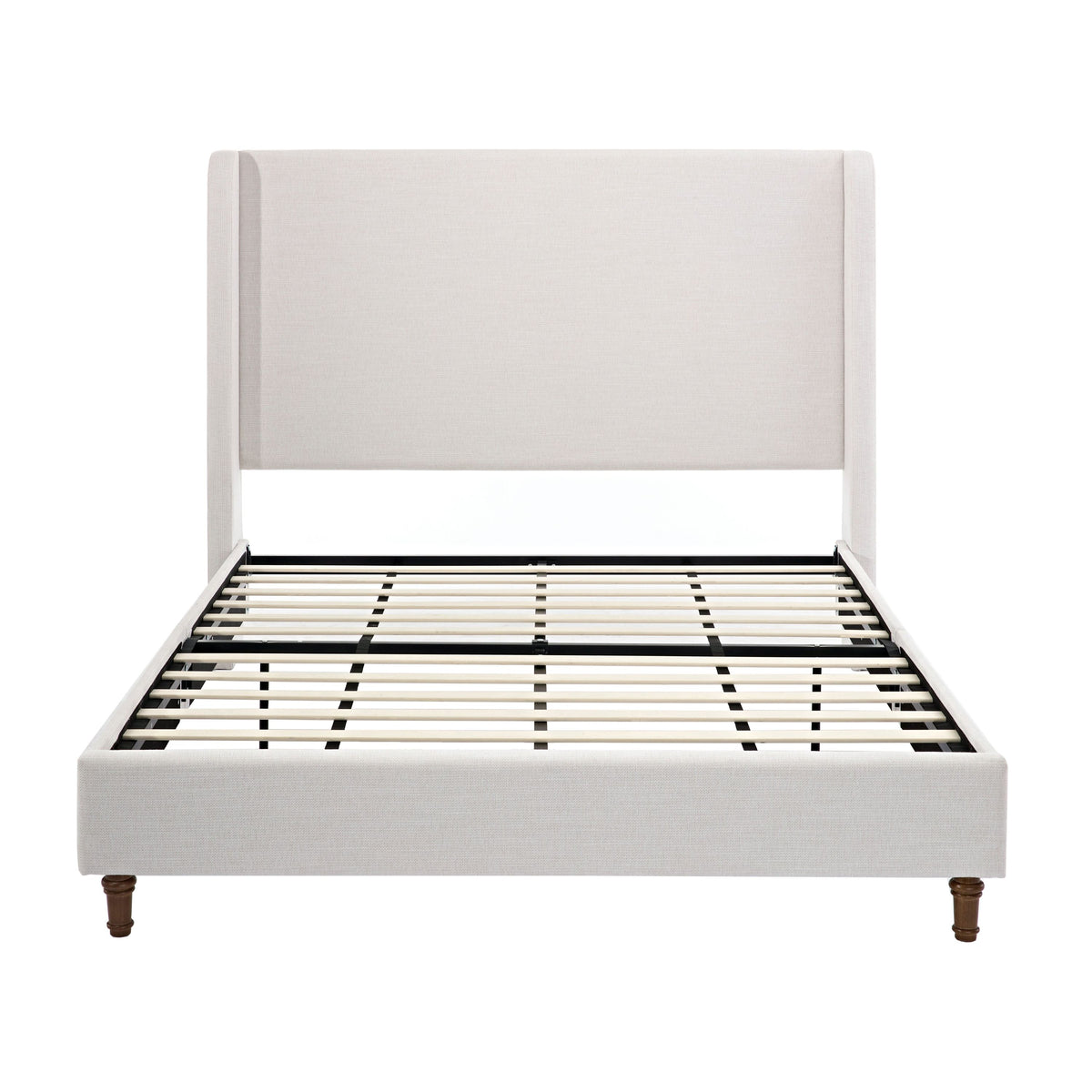 Harper Tall Headboard Upholstered Bed Frame - Full Size - Textured Ivory Canvas Fabric with Walnut Effect Wood Feet - 54' High - No Box Spring Needed - Easy Assembly