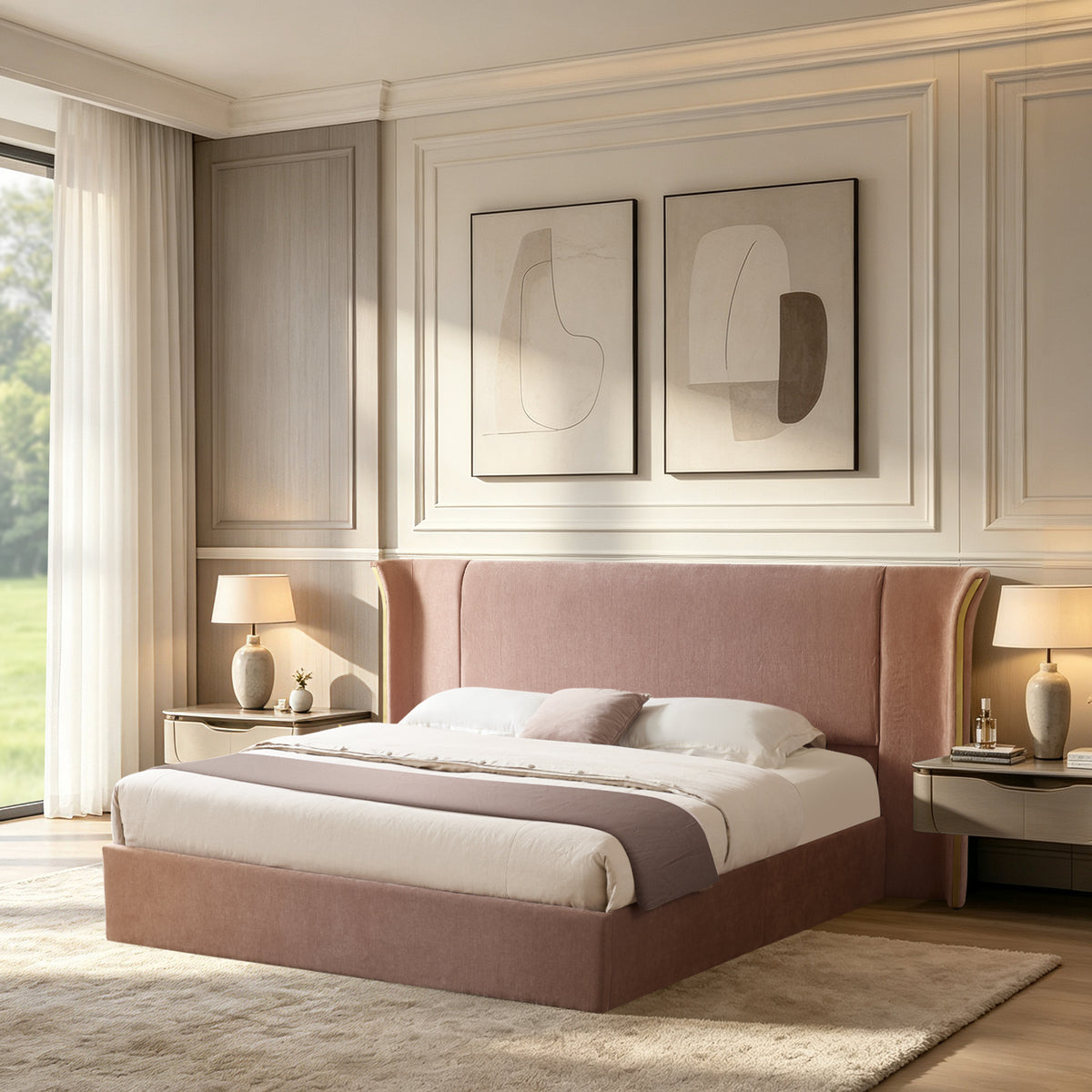 Queen Size Luxury Wing‑Back Upholstered Bed Frame, High Large Padded Headboard, Soft Chenille Fabric, Sturdy Solid Frame for Bedroom, Mattress Not Included-Pink
