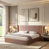 Queen Size Luxury Wing‑Back Upholstered Bed Frame, High Large Padded Headboard, Soft Chenille Fabric, Sturdy Solid Frame for Bedroom, Mattress Not Included-Pink