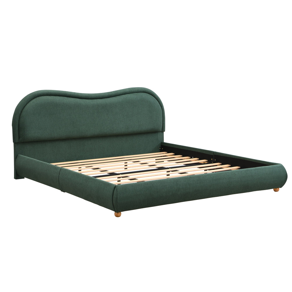 Olive Green Upholstered Platform Bed Frame with Curved Headboard, Solid Wood Legs, Chenille Fabric, Wooden Slats, No Box Spring Needed, Easy Assembly, King Size
