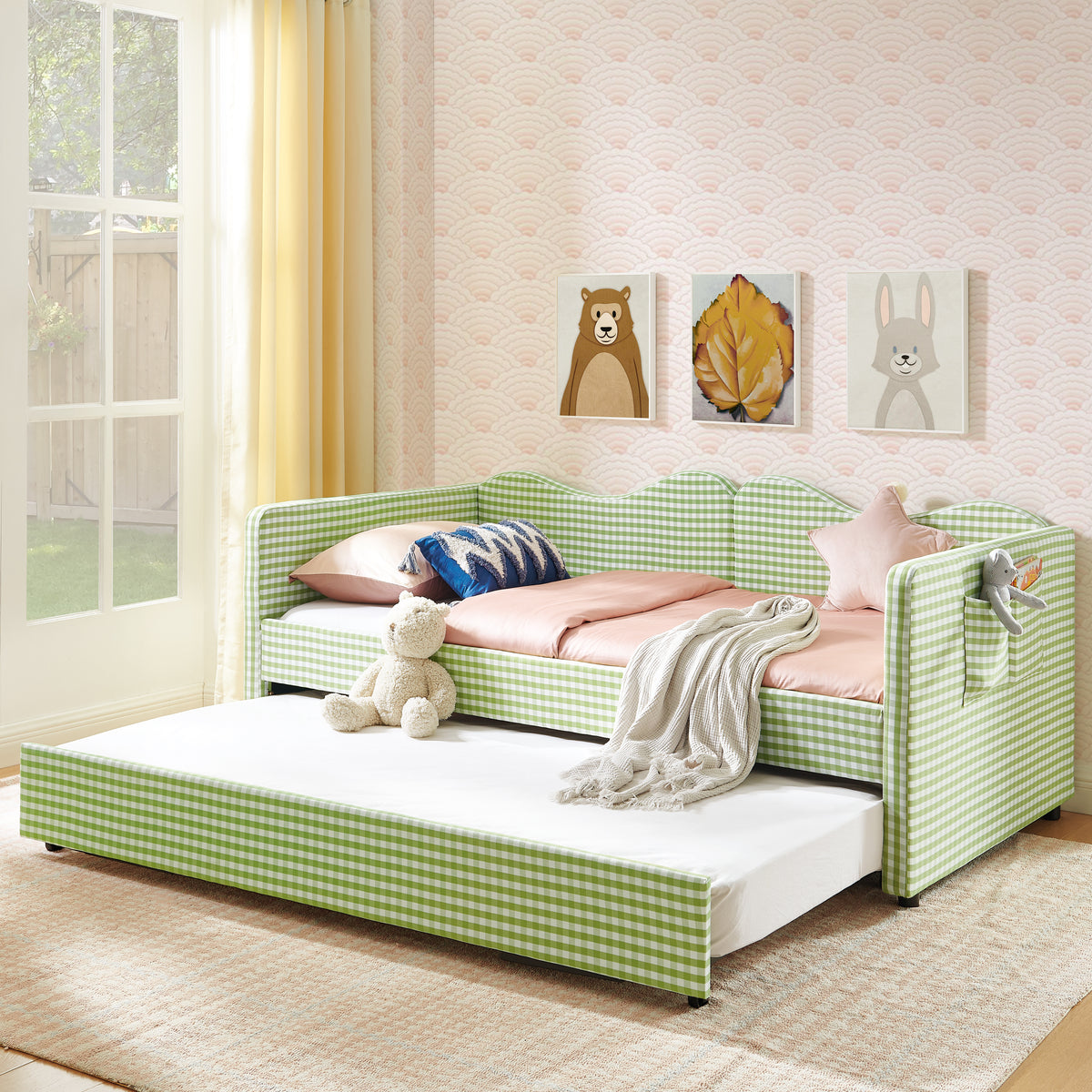 Twin‑Size Daybed,Gingham Upholstered Daybed Equipped with Pull-Out Trundle Bed Frame & Side Storage Pocket, Solid Wood Frame Multi-Functional Sofa Bed for Kids Room & Guest Bedroom-Green