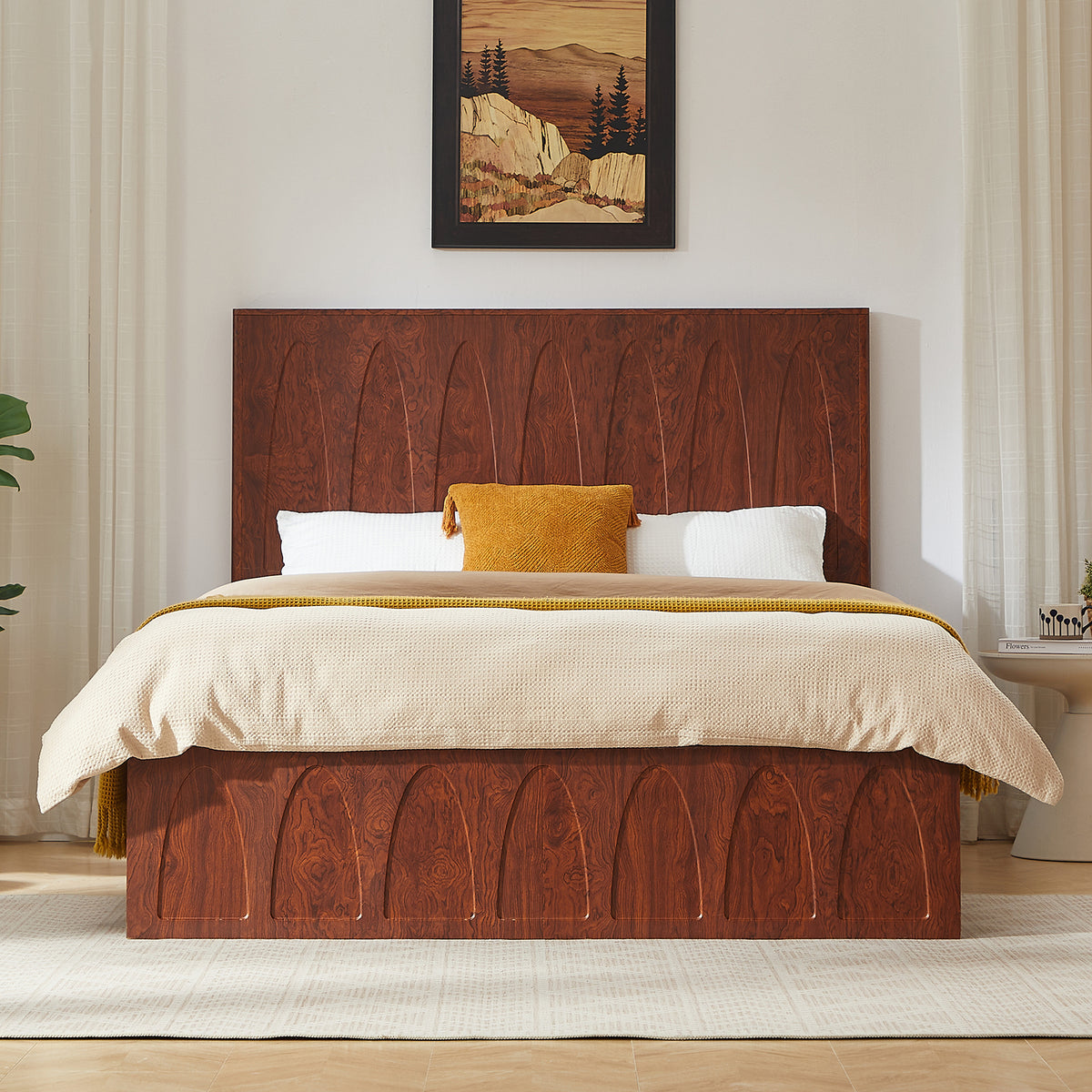 [Brand] Queen Size Solid Wood Platform Bed Frame with Side Storage Drawers, Curved Headboard Wood Slat Support, No Box Spring Needed, Minimalist Natural Wood Bedroom Bed(
Queen)
