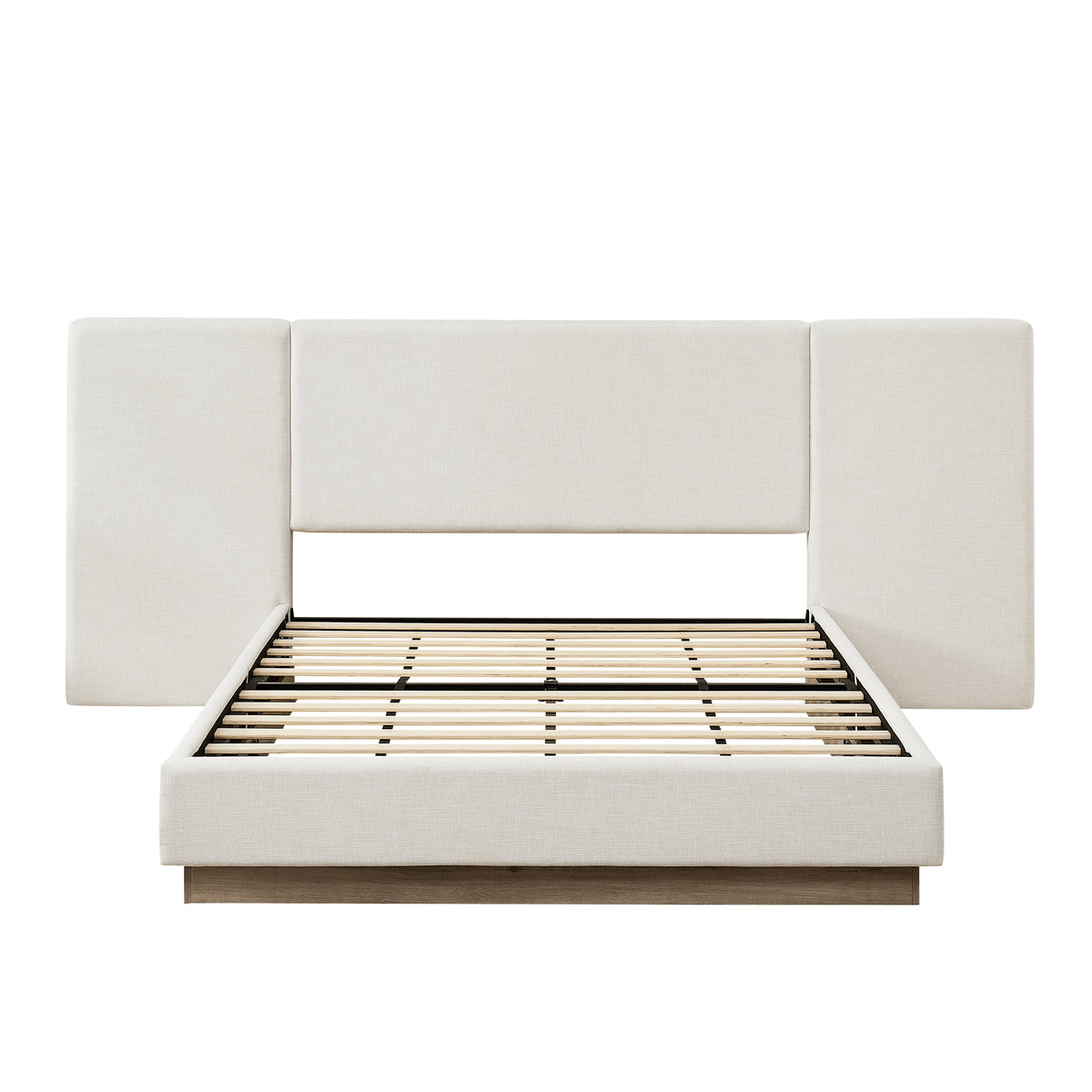 Muse Modern Upholstered Platform Bed Frame with 112.4' Extended Headboard3.94' Thick Padded Headboard Canvas FabricPremium Wood BaseNo Box Spring Needed1000 lbs CapacityQueenIvory Light Grey Camel Oak