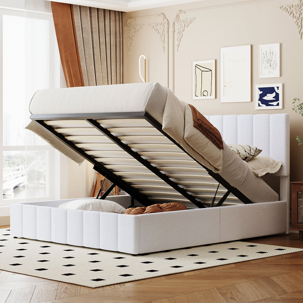 Queen size Upholstered Platform bed with a Hydraulic Storage System - White(OLD SKU: LP000211AAK)
