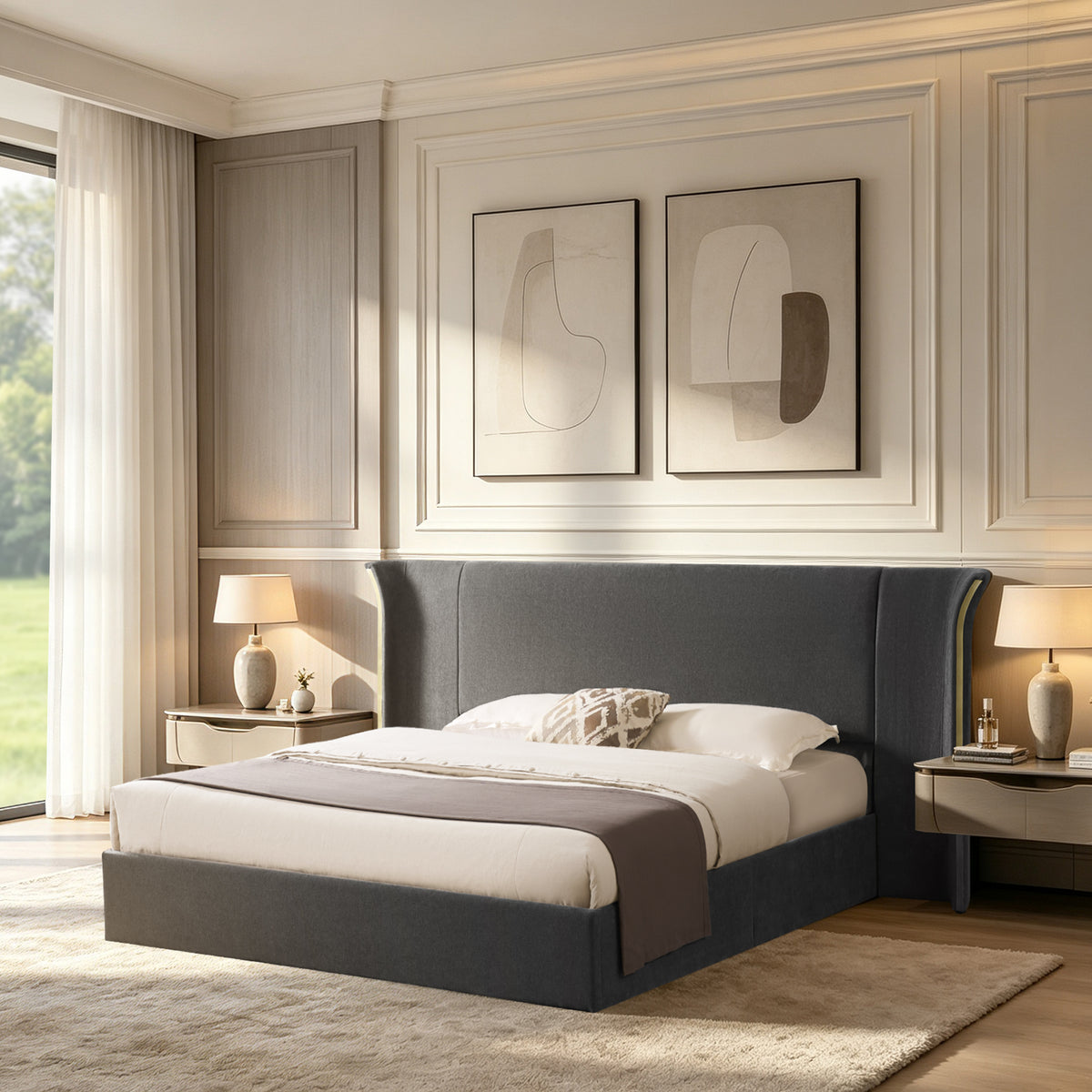 Queen Size Luxury Wing‑Back Upholstered Bed Frame, High Large Padded Headboard, Soft Chenille Fabric, Sturdy Solid Frame for Bedroom, Mattress Not Included-Dark Gray