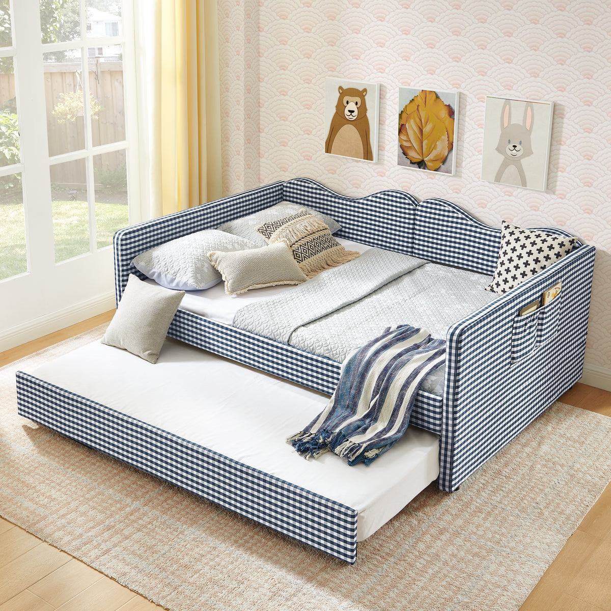 Full‑Size Daybed,Gingham Upholstered Daybed Equipped with Pull-Out Trundle Bed Frame & Side Storage Pocket, Solid Wood Frame Multi-Functional Sofa Bed for Kids Room & Guest Bedroom-Blue