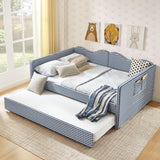 Full‑Size Daybed,Gingham Upholstered Daybed Equipped with Pull-Out Trundle Bed Frame & Side Storage Pocket, Solid Wood Frame Multi-Functional Sofa Bed for Kids Room & Guest Bedroom-Blue