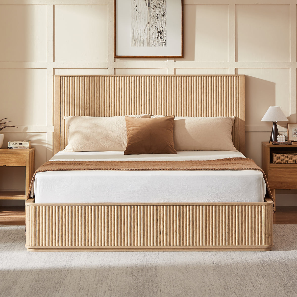 Natural oak wavy wood grain headboard platform bed frame, 44' Tall Headboard Queen Size Bed Frame, modern minimalist style, easy assembly, no need for box springs