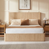 Natural oak wavy wood grain headboard platform bed frame, 44' Tall Headboard Queen Size Bed Frame, modern minimalist style, easy assembly, no need for box springs