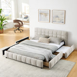 Queen Size Upholstered Bed ,comfortable upholstered bed frame, Chenille fabric, with headboard and solid bed frame. With drawer for storage.-Beige(88.5''*68.5''*31'')