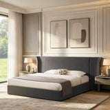 King Size Luxury Wing‑Back Upholstered Bed Frame, High Large Padded Headboard, Soft Chenille Fabric, Sturdy Solid Frame for Bedroom, Mattress Not Included-Dark Gray